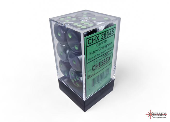 Gemini Black-Grey/green 16mm d6 Dice Block (12 dice) - CHX26645